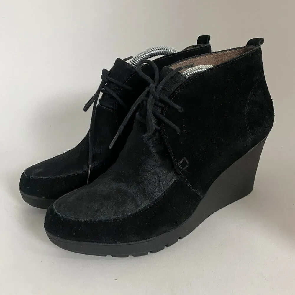 Donald J Pliner Women Sz 8 M Black Suede Nilos Ankle Wedge Booties Boots Lace Up